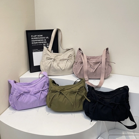Womens Crossbody Bag Nylon Large Capacity Shoulder Handbag With Bow Knots Adjustable Strap Casual Sweet Travel