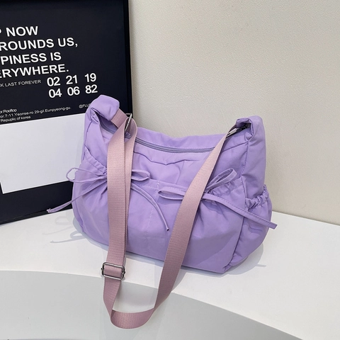 Womens Crossbody Bag Nylon Large Capacity Shoulder Handbag With Bow Knots Adjustable Strap Casual Sweet Travel