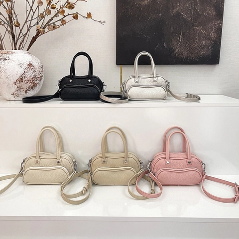 Women Mini Boston Bag Lychee Texture PU Leather Handbag With Wave Zip Pocket Crossbody Shoulder Purse Simple Trendy