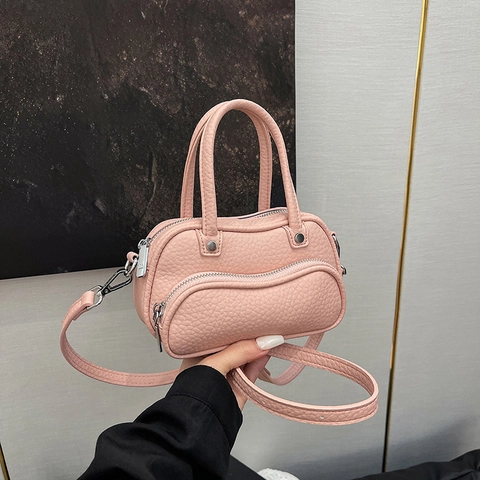 Women Mini Boston Bag Lychee Texture PU Leather Handbag With Wave Zip Pocket Crossbody Shoulder Purse Simple Trendy