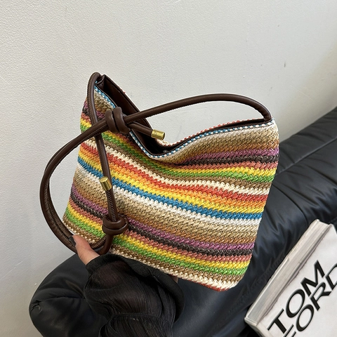 Regenbogen Gestreifte Strohhalm Gewebte Umhängetasche Eimer Tasche Sommer Strand Urlaub Böhmischer Stil Damen Leicht