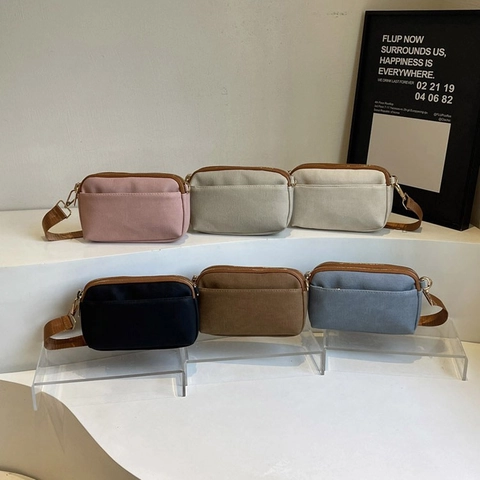 Canvas Square Crossbody Bag For Women With Dual Zipper Compartments And Wide Adjustable Shoulder Strap Casual Versatile