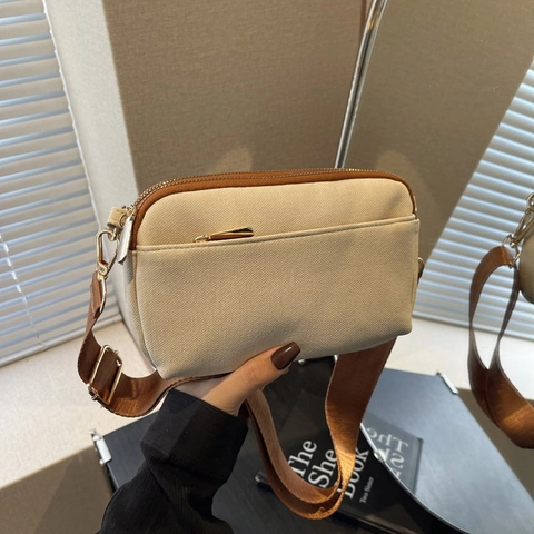 Canvas Square Crossbody Bag For Women With Dual Zipper Compartments And Wide Adjustable Shoulder Strap Casual Versatile