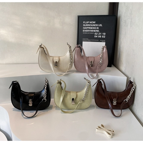 Half Moon Underarm Hobo Bag For Women PU Leather Solid Color Metal Chain Silver Clasp Fashion Shoulder Crossbody Bag