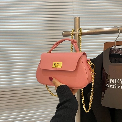 Women Fashion PU Leather Chain Crossbody Square Bag Metal Turn Lock Knotted Handle Solid Color Shoulder Handbag