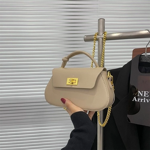 Women Fashion PU Leather Chain Crossbody Square Bag Metal Turn Lock Knotted Handle Solid Color Shoulder Handbag