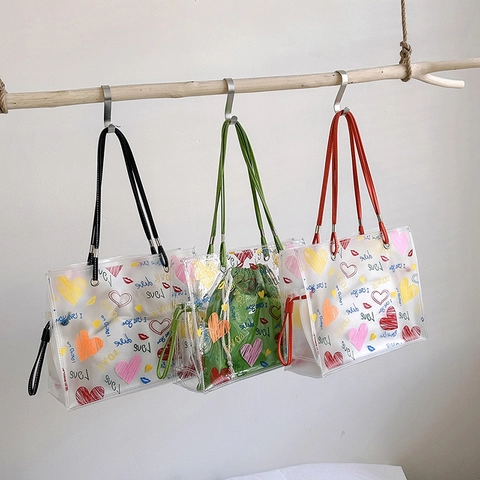 Mode Transparante PVC Tote Tas Graffiti Hart Lip Print Grote Capaciteit Schoudertas Met Binnenzak