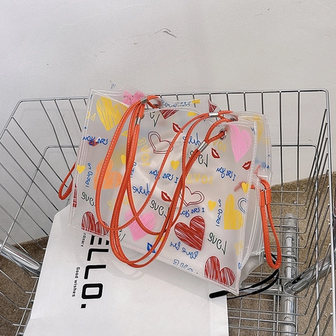 Mode Transparante PVC Tote Tas Graffiti Hart Lip Print Grote Capaciteit Schoudertas Met Binnenzak