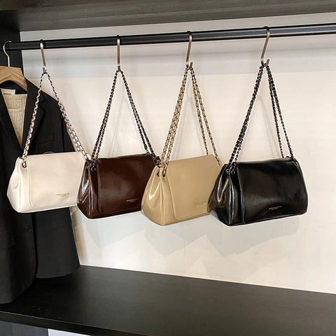 Vintage PU Leder Schultertasche Für Damen Öl Wachs Textur Gewebte Kette Flap Umhängetasche Modische Handtasche