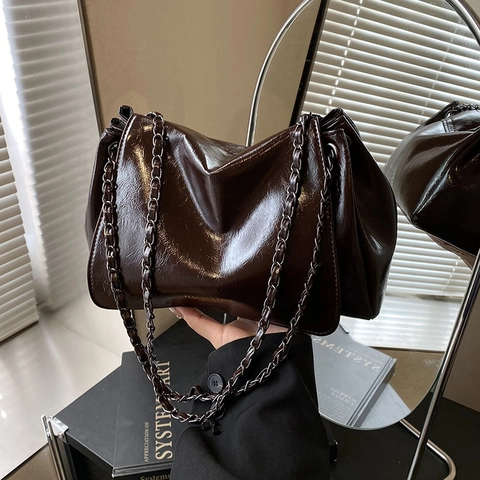 Vintage PU Leder Schultertasche Für Damen Öl Wachs Textur Gewebte Kette Flap Umhängetasche Modische Handtasche