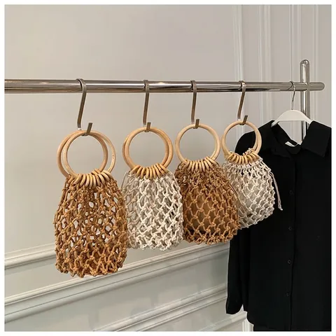 Hand-Woven Hollow Mesh Handbag Round Wooden Handle Drawstring Inner Pouch Summer Beach Vacation Bohemian Style Women