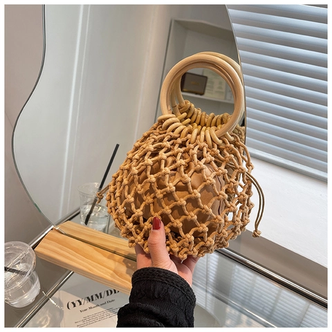 Hand-Woven Hollow Mesh Handbag Round Wooden Handle Drawstring Inner Pouch Summer Beach Vacation Bohemian Style Women