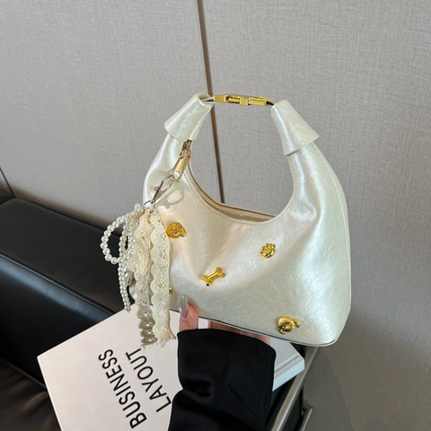 Borsa Hobo Dolce Y2K Da Donna In Pelle PU Borsa A Spalla Dumpling Con Ciondolo Fiocco In Pizzo E Künstliche Perle Retro