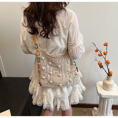 Borsa A Spalla All'uncinetto Da Donna Tote In Maglia Con Künstliche Perle Tracolla Floreale Colorata Stile Boho Vintage Beige