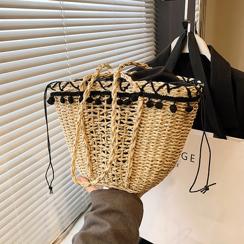 Borsa A Secchiello In Paglia Intrecciata A Mano Con Pom Pon E Fodera Con Coulisse Borsa A Spalla Da Spiaggia Estiva Per Donna