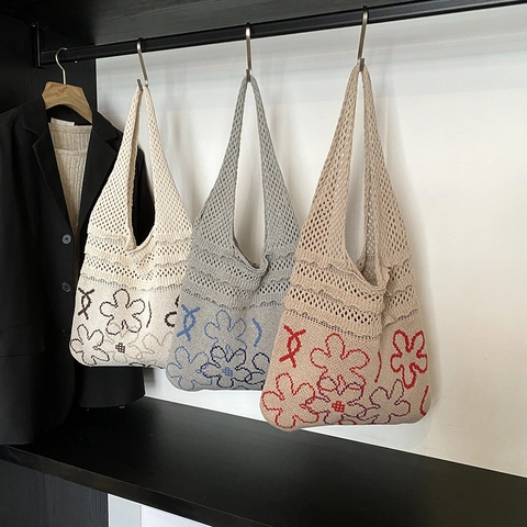 Damen Strick Häkel Tote Bag Große Kapazität Durchbrochene Blumenmuster Schultertasche Mori Style Boho