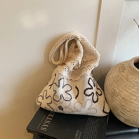Damen Strick Häkel Tote Bag Große Kapazität Durchbrochene Blumenmuster Schultertasche Mori Style Boho