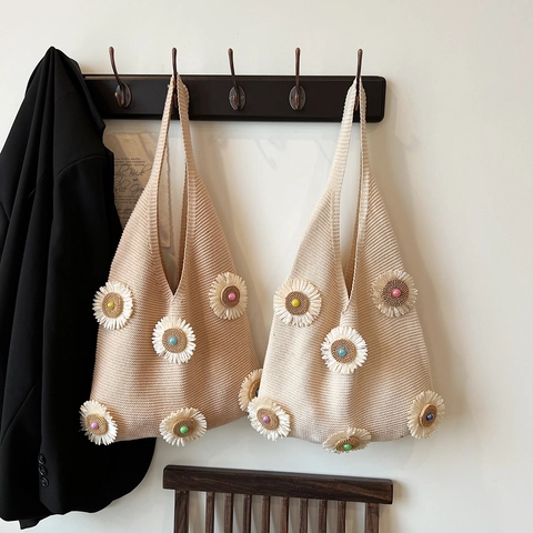 Zomer Bloem Gebreide Tote Bag Voor Dames Handgeweven Grote Capaciteit Schoudertas Madeliefje Patroon Boheemse Strandtas