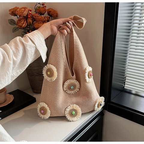 Zomer Bloem Gebreide Tote Bag Voor Dames Handgeweven Grote Capaciteit Schoudertas Madeliefje Patroon Boheemse Strandtas