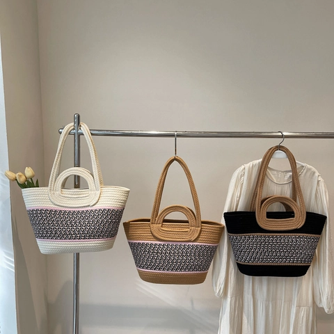 Bohemian Woven Tote Bag For Women Large Capacity Cotton Rope Color Block Casual Shoulder Handbag Summer Travel