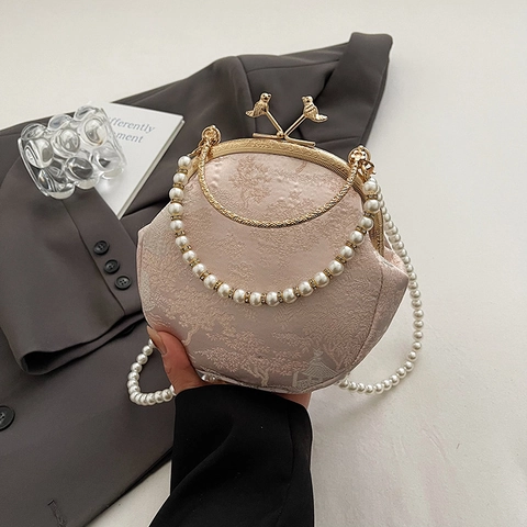 Pochette De Soirée Élégante En Brocart Jacquard Style Chinois Vintage Avec Fermoir Oiseau Et Chaîne En Künstliche Perles