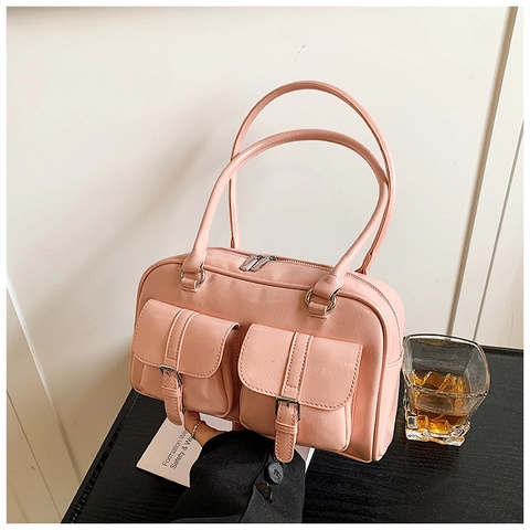 Borsa Boston Vintage Pelle Sintetica Lucida Doppie Tasche Anteriori Arredamento Fibbia Borsa A Tracolla Per Donna Stile Retrò
