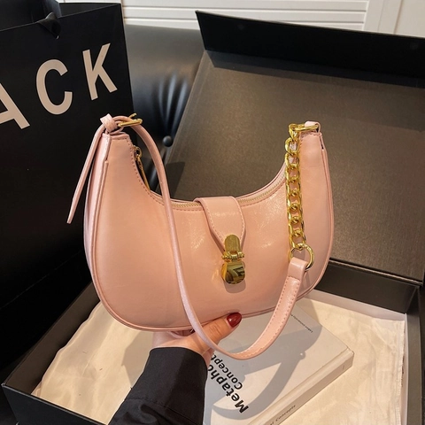 Women PU Leather Crescent Hobo Bag Minimalist Underarm Shoulder Bag With Gold Chain Korean Style Solid Color Fashion