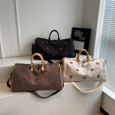 Bolso De Viaje Para Mujer Lona Bordado Cereza Gran Capacidad Separación Seco Húmedo Bolso De Mano Weekend