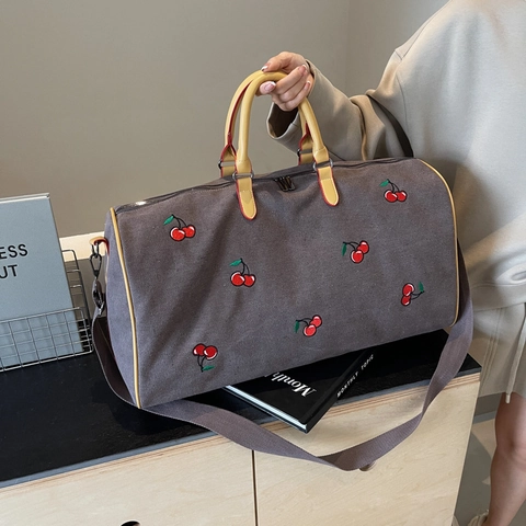 Bolso De Viaje Para Mujer Lona Bordado Cereza Gran Capacidad Separación Seco Húmedo Bolso De Mano Weekend
