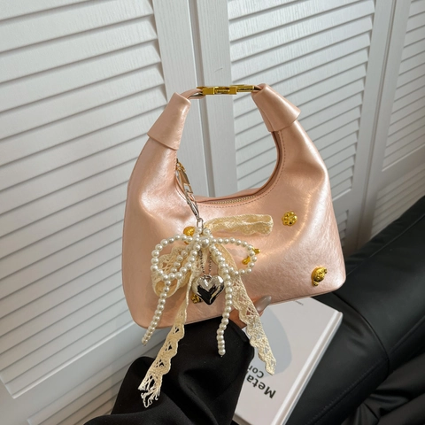Bolso de Hombro de Axila de Cuero PU de Moda para Mujer con Lazo de Encaje de Perlas Colgante de Corazón Bolso Hobo