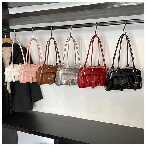 Borsa Boston Vintage Pelle Sintetica Lucida Doppie Tasche Anteriori Arredamento Fibbia Borsa A Tracolla Per Donna Stile Retrò