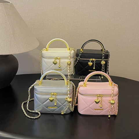 Mini Borsa A Tracolla Trapuntata Pelle PU Elegante Borsa A Mano Scatola Con Ciondoli Cuore E Tracolla Catena Per Donna