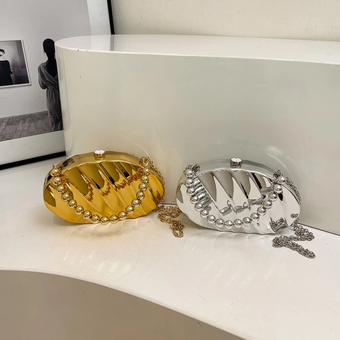 Women Evening Clutch Bag Acrylic Metal Texture Pleated Wave Pattern Bead Handle Chain Shoulder Crossbody Handbag