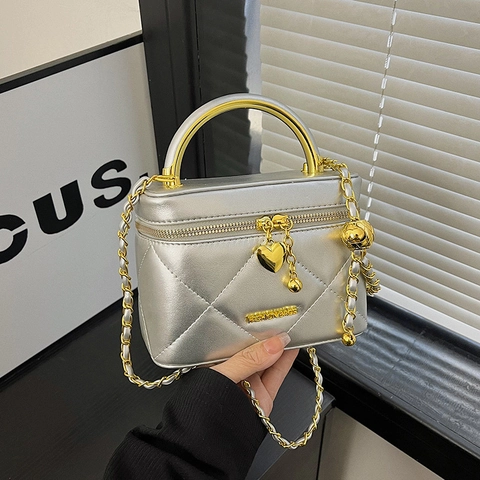 Mini Borsa A Tracolla Trapuntata Pelle PU Elegante Borsa A Mano Scatola Con Ciondoli Cuore E Tracolla Catena Per Donna