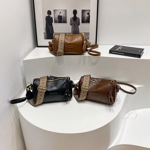 Vintage Boston Tas Voor Dames PU-Leer Cilindrische Crossbodytas Met Brede Geometrische Jacquardriem Mode Schoudertas