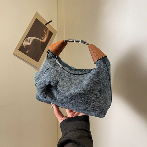 Sac À Main Oreiller En Denim Rétro Avec Nœud Bandoulière Poignée En Cuir Boucle Argentée Fermeture Éclair Pour Femme