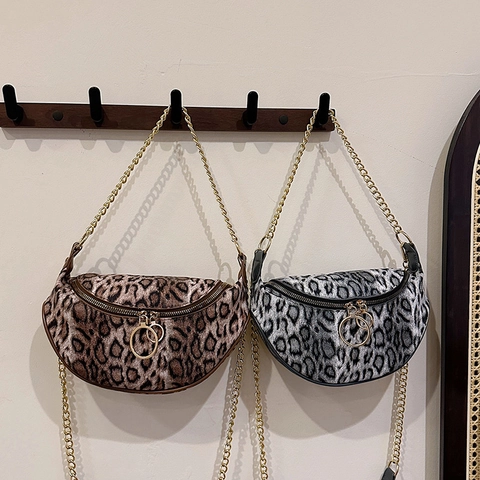 Borsa A Spalla Leopardata In Pelle PU Borsa A Tracolla A Mezzaluna Con Catena In Metallo Retrò Per Donna