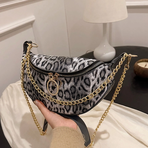 Borsa A Spalla Leopardata In Pelle PU Borsa A Tracolla A Mezzaluna Con Catena In Metallo Retrò Per Donna