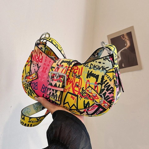 Graffiti Print PU Leather Shoulder Bag Colorful Streetwear Trendy Y2K Hobo Crossbody For Women Casual Daily