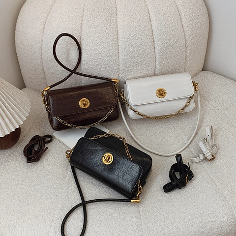 Women Crocodile Pattern Crossbody Bag PU Leather Gold Chain Underarm Shoulder Square Handbag Fashion Retro