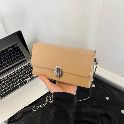 Retro Women Crossbody Bag PU Leather Rectangular Small Square Chain Shoulder Handbag Silver Lock Versatile