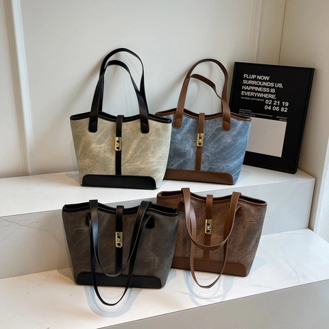Borsa Tote Grande Capacità Pelle PU Trama Marmo Fibbia Serratura Dorata Mano Per Donne Ufficio Elegante Casual