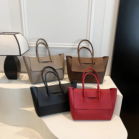Borsa Tote Grande Capacità In Pelle PU Grana Litchi Borsa A Mano Minimalista Con Patta Per Donna Ufficio