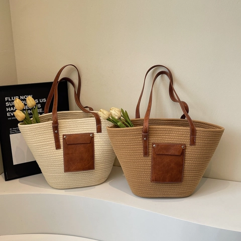Große Gewebte Tragetasche Stroh Umhängetasche Boho Stil Mit PU Lederriemen Und Vordertasche