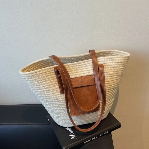Große Gewebte Tragetasche Stroh Umhängetasche Boho Stil Mit PU Lederriemen Und Vordertasche