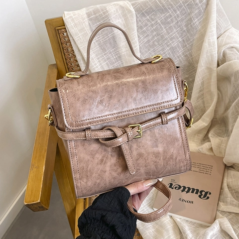 Women Retro PU Leather Square Backpack Multi Functional Shoulder Bag Handbag Daily Commuting Vintage Style Flap Design