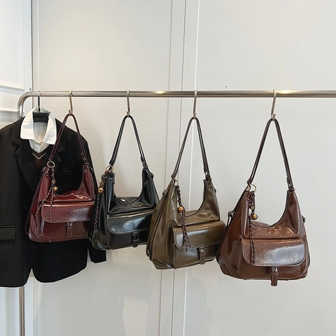 Vintage Glanzende PU Leren Hobo Schoudertas Grote Capaciteit Multi-Way Tote Voor Vrouwen Woon-Werkverkeer Retro Minimalistisch