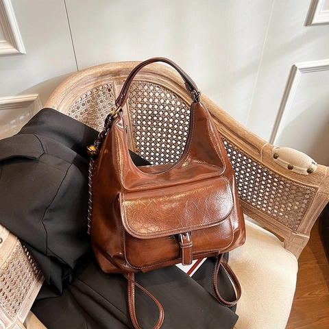 Vintage Glanzende PU Leren Hobo Schoudertas Grote Capaciteit Multi-Way Tote Voor Vrouwen Woon-Werkverkeer Retro Minimalistisch
