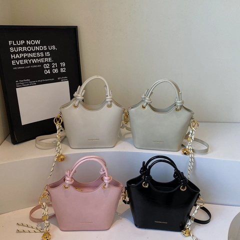 Fashion Women PU Leather Bucket Handbag Knot Handle Decorative Charm Crossbody Shoulder Bag