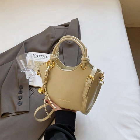 Fashion Women PU Leather Bucket Handbag Knot Handle Decorative Charm Crossbody Shoulder Bag